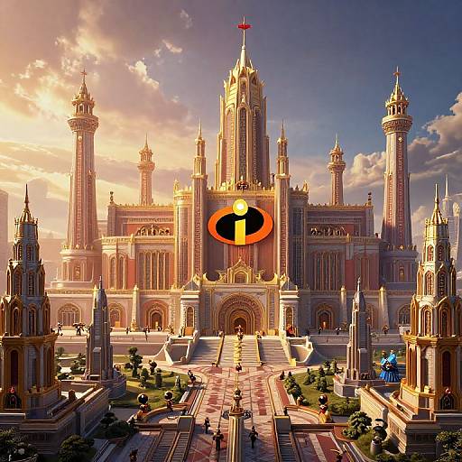 Digital illustration of a grand, sunlit Gothic-style castle with intricate towers, a central dome, and a large, glowing 