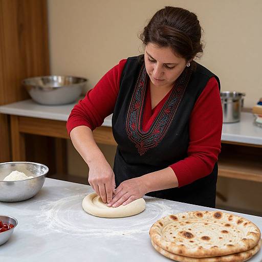 Photograph of a woman with dark hair in a red shirt and black embroidered vest, shaping dough on a white countertop. B Bowls and flat