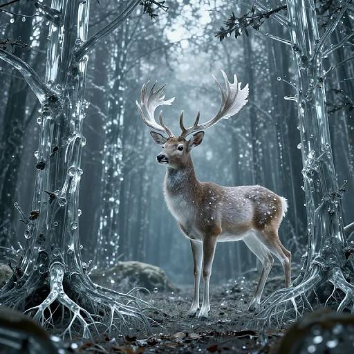 Photorealistic digital art of a majestic deer with large antlers standing in a glowing, ethereal forest, surrounded by crystalline, icy trees.