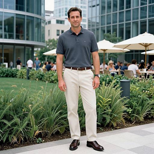Photograph of a handsome, fit man with short dark hair, wearing a dark polo shirt, white pants, black belt, and brown shoes, standing