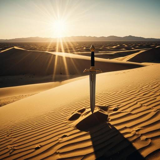Golden Ancient Dagger in Desert Sand at Sunrise Golden Ancient Dagger in Desert Sand at Sunrise