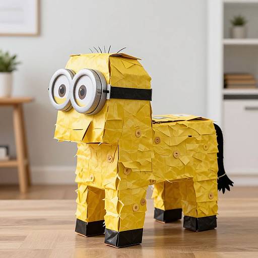Photograph of a papier-mâché Minion-style horse with yellow paper body, black paper accents, and large googly eyes, standing on