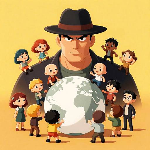 Intense Man Surrounded by Cartoon Characters