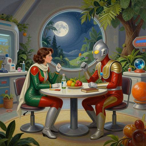 Illustration of a woman with curly brown hair and a robot in a red and gold suit, sitting at a table in a futuristic, moonlit greenhouse