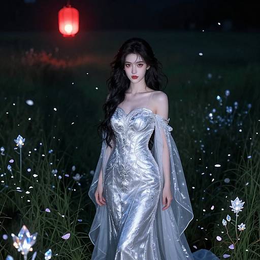 Photorealistic CGI of a fair-skinned, dark-haired woman in a shimmering, off-the-shoulder silver gown, standing in a dark