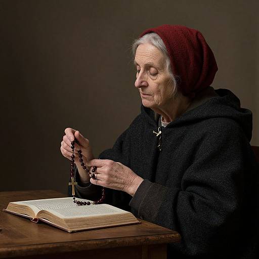 Photograph of an elderly woman with white hair, wearing a red headscarf and black hoodie, praying over an open book on a wooden table,