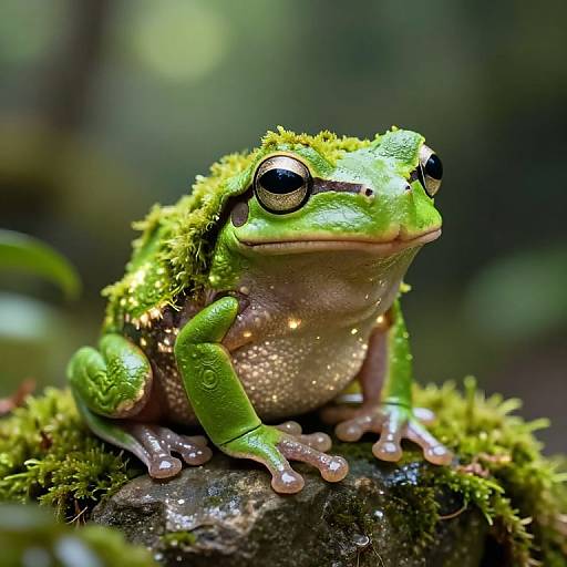 Photograph of a vibrant green frog with moss-covered skin, large black eyes, and pinkish toes, sitting on a mossy rock in a lush