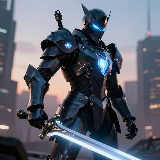 CGI image of a futuristic, black armored, glowing-blue-eyed robot warrior with a glowing sword, standing in a cityscape at sunset.