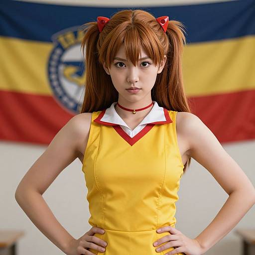Photograph of an Asian woman with long red hair in pigtails, wearing a yellow sleeveless top with red accents, standing in front of a