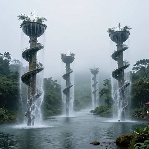 Photograph of futuristic floating gardens with spiraling waterfalls, surrounded by misty, lush greenery, creating an otherworldly, sci-fi landscape
