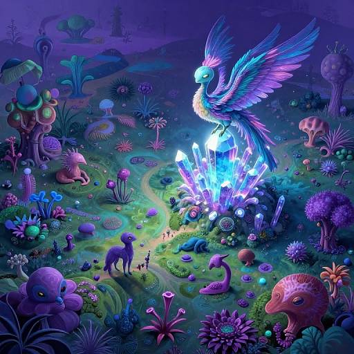 Vibrant digital fantasy artwork of a glowing blue bird with iridescent wings hovering over a whimsical, colorful alien forest filled with biolumines