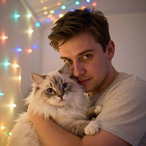 Photograph of a young man with short brown hair, wearing a gray t-shirt, hugging a fluffy, blue-eyed, gray and white cat,