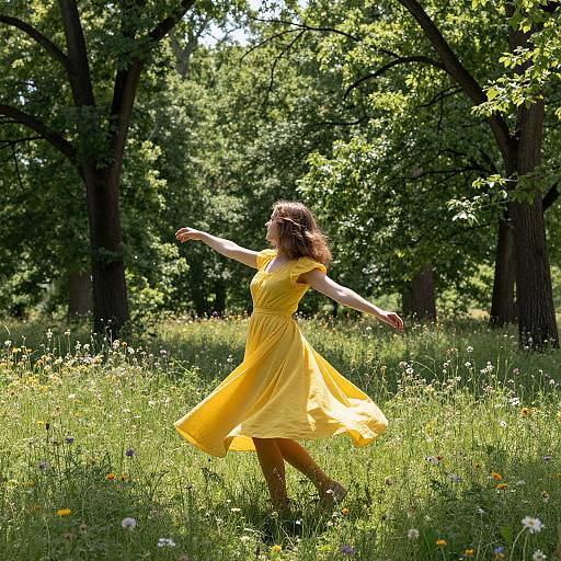 Photograph of a woman in a flowing yellow dress, arms outstretched, dancing in a sunlit, lush green meadow with tall trees and