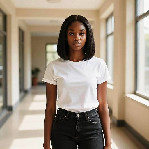 Photograph of a Black woman with straight black hair, wearing a white t-shirt and black jeans, standing in a sunlit hallway.