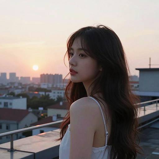 Photograph of an East Asian woman with long, wavy brown hair, wearing a white spaghetti-strap top, standing on a rooftop at sunset,