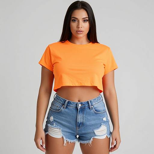 Photograph of a young woman with long black hair, wearing a bright orange crop top and distressed blue denim shorts, standing against a plain white background.