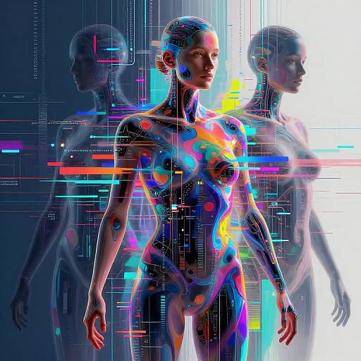 Digital artwork of a futuristic, neon-lit, nude woman with glowing, multicolored circuit patterns on her body, surrounded by translucent, shadowy
