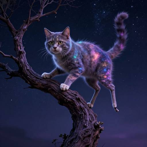 Photorealistic digital artwork of a glowing, starry-patterned cat with green eyes, perched on a dark, twisted tree branch against a star