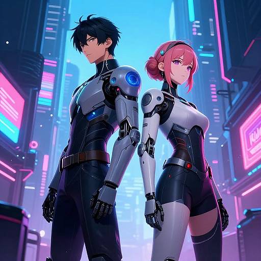 Digital anime-style artwork of a muscular black-haired man and a pink-haired woman in futuristic black and white cybernetic suits, standing back-to-back in