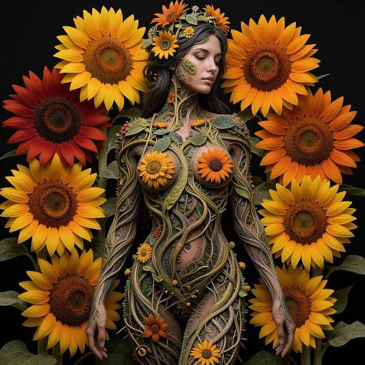 Photorealistic digital art of a woman with sunflower-covered, vine-like body, surrounded by large, vibrant sunflowers, black background.