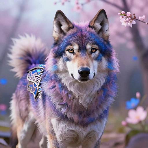 Digital painting of a vibrant, fluffy Siberian Husky with purple and blue fur, wearing a silver ornate harness, standing in a sunlit cherry