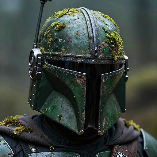 Photograph of a weathered, moss-covered Mandalorian helmet with antenna, detailed black visor, and metal armor, set against a blurred forest background