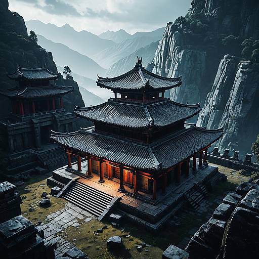 Ancient Eastern Temple in Misty Mountains