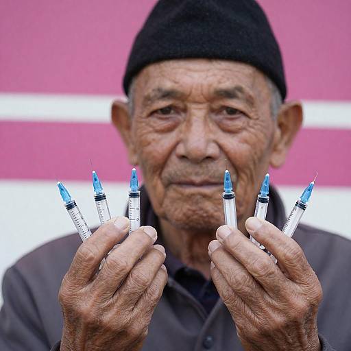 Elderly Man with Blue Syringes Portrait