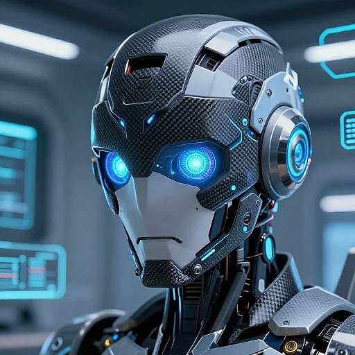 Photorealistic CGI of a futuristic, black and silver robotic head with glowing blue eyes and intricate carbon fiber texture, set in a high-tech, blue