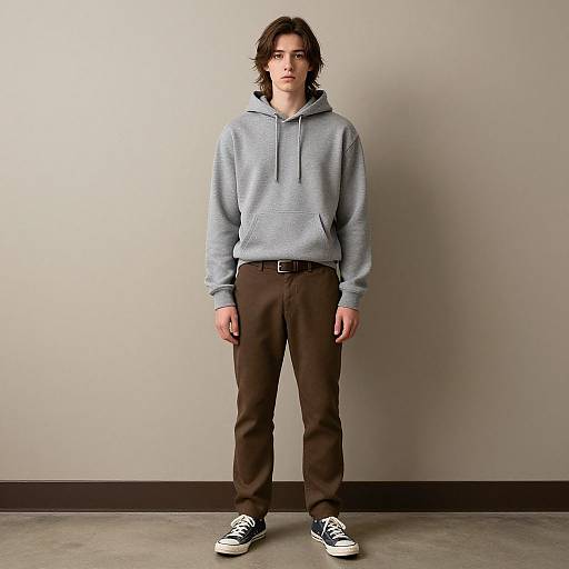 Photograph of a young man with wavy brown hair, wearing a light gray hoodie, brown pants, black belt, and black and white sneakers,