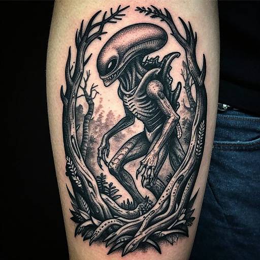 Black and gray tattoo of a detailed, skeletal Xenomorph from 