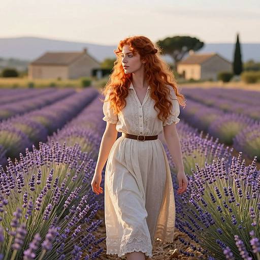 Photograph of a red-haired woman with wavy hair, wearing a white lace dress, walking through vibrant lavender fields at sunset.