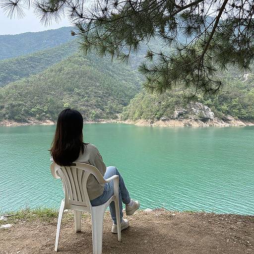 Photograph of a woman with long black hair, wearing a gray sweater and jeans, sitting on a white plastic chair by a turquoise lake, with forest