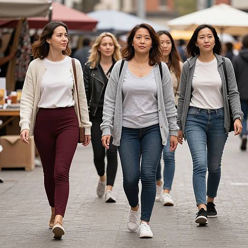 Photograph of four young women walking in a busy outdoor market, wearing casual outfits with white shirts, jeans, and cardigans.
