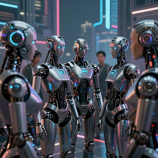Photorealistic CGI of four futuristic, silver, humanoid robots with glowing blue accents, standing in a neon-lit, sci-fi corridor. Background includes