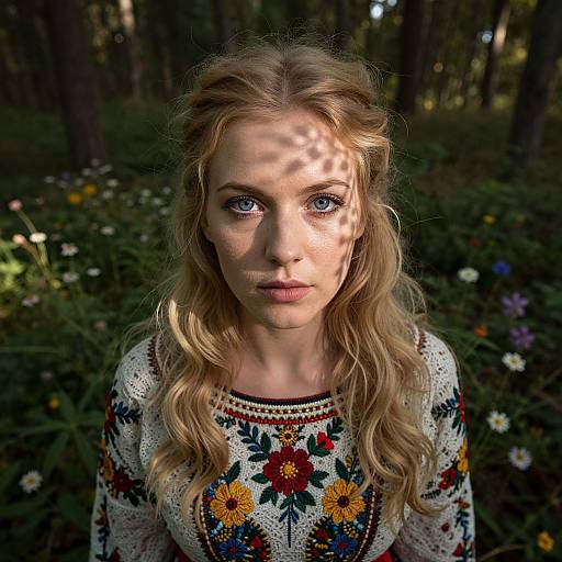 Photograph of a blonde woman with wavy hair, blue eyes, and fair skin, wearing an intricate floral knit sweater, standing in a sun-d