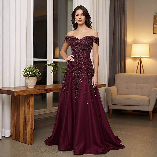 Elegant Woman in Burgundy Prom Dress