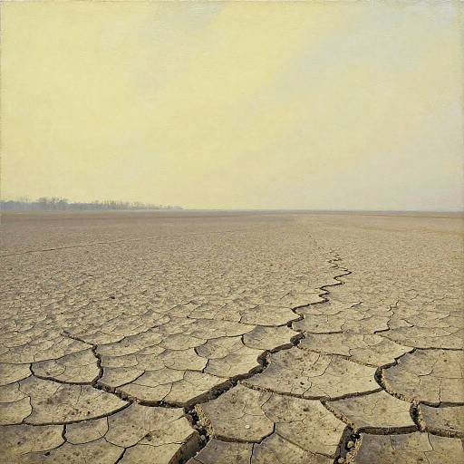 Photograph of a vast, cracked, parched desert landscape under a pale, hazy sky; dry, fractured earth stretches to the horizon.
