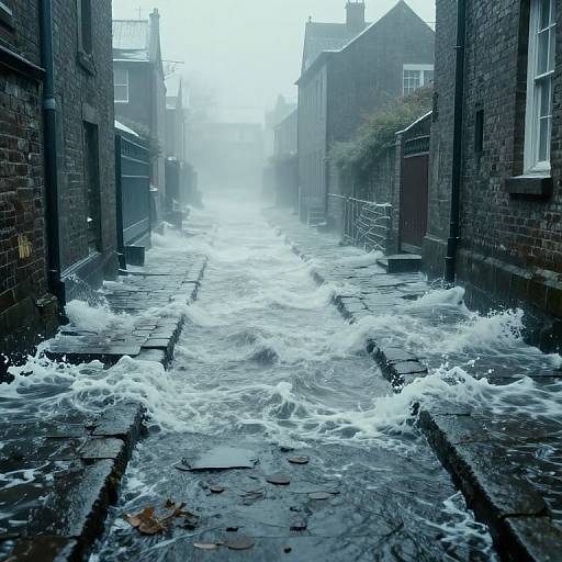 Photograph of a narrow, cobblestone alley flooded with rushing water, flanked by brick buildings with foggy, overcast sky in background.