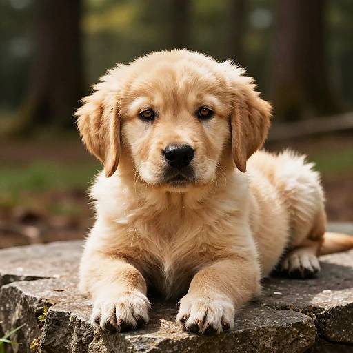 Photograph of a golden retriever puppy with fluffy, light brown fur, lying on a tree stump in a forest with blurred, green and brown background