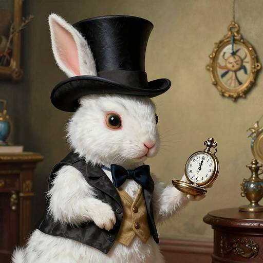Digital artwork of a white rabbit in a black top hat, bow tie, and vest, holding a pocket watch, in a vintage room.
