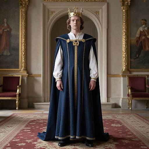Photograph of a young man with curly brown hair, wearing a golden crown and royal blue robe with gold trim, standing in an ornate, reg