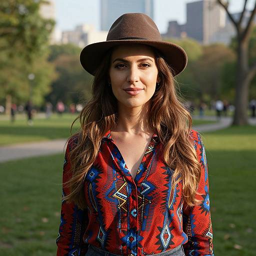 Photograph of a smiling woman with long brown hair, wearing a brown hat and red, blue, and black patterned blouse, standing in a sunny