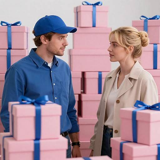 Man and Woman Among Pink Gift Boxes