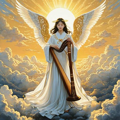 Ethereal Angel with Harp Above Clouds