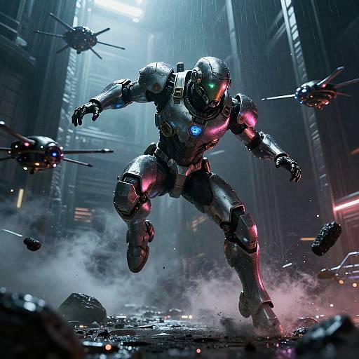 CGI sci-fi battle scene: armored humanoid robot with glowing blue and pink lights, running in rain, surrounded by drones and debris in a futuristic,