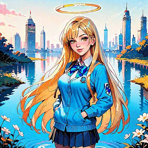 Haloed Schoolgirl at Dusk by Water