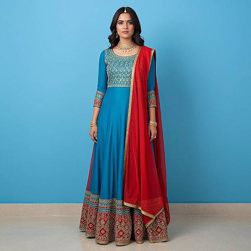 Woman in Blue and Red Dress