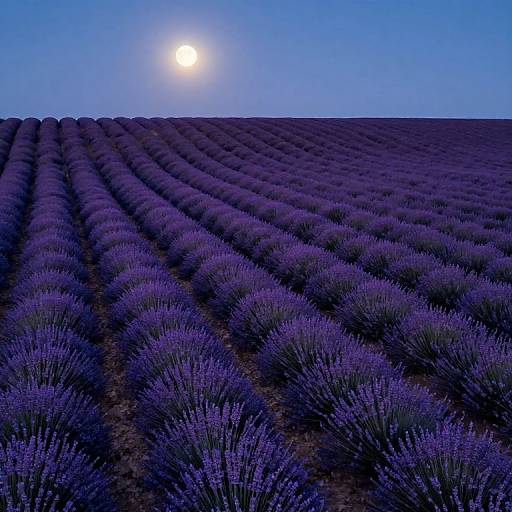 Photograph of a lavender field at twilight, with rows of purple lavender stretching to the horizon under a bright, glowing moon.