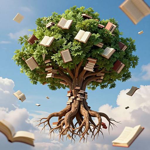 Digital illustration of a magical tree with green leaves, roots exposed, floating in a blue sky. Books float around, some attached to branches, others mid